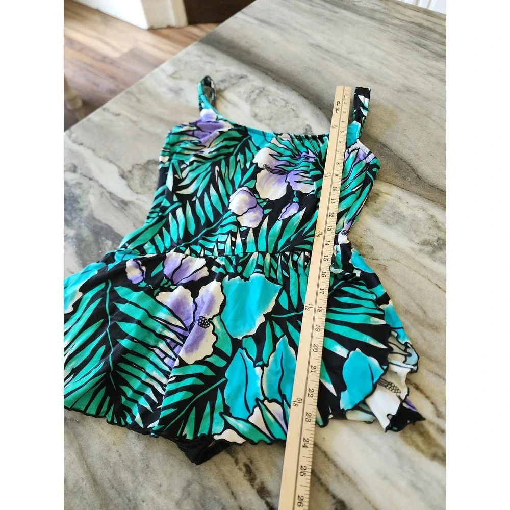 Vintage Robby Len Tropical Floral Swimdress One Piece Teal Purple USA Made